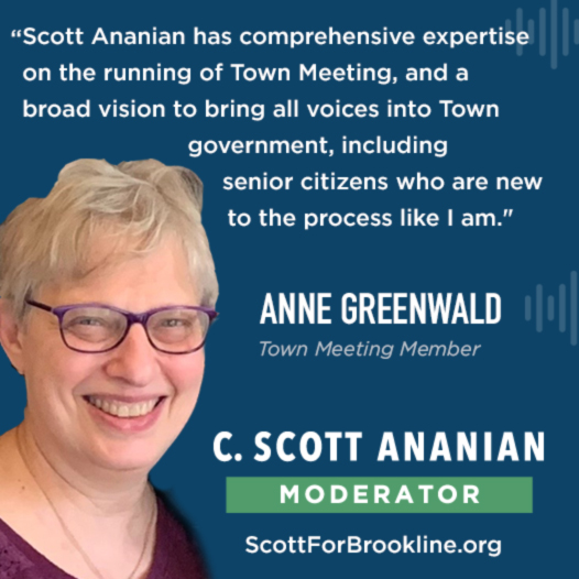 Scott Ananaian has comprehneive expertise on the running of Town Meeting and a board vision to bring all voices to Town government, including senior citizens who are new to the process like me